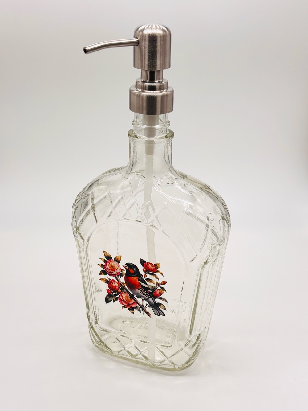Upcycled Crown Royal Glass Soap Multi-Use Dispenser • Songbird Camellias